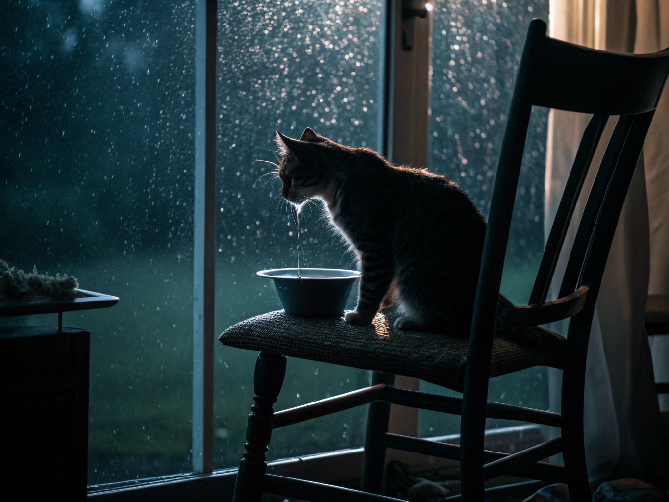 cat drink water by hand on chair in dark wild raining storm
