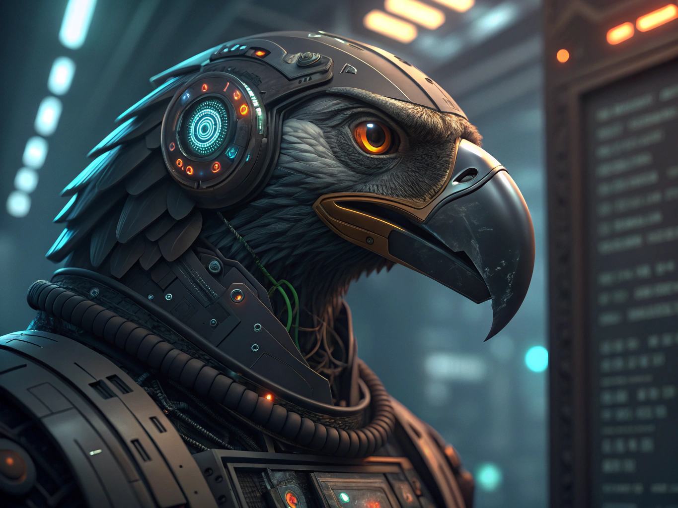 a futuristic programmer robotic parrot profile headshot with futuristic technology