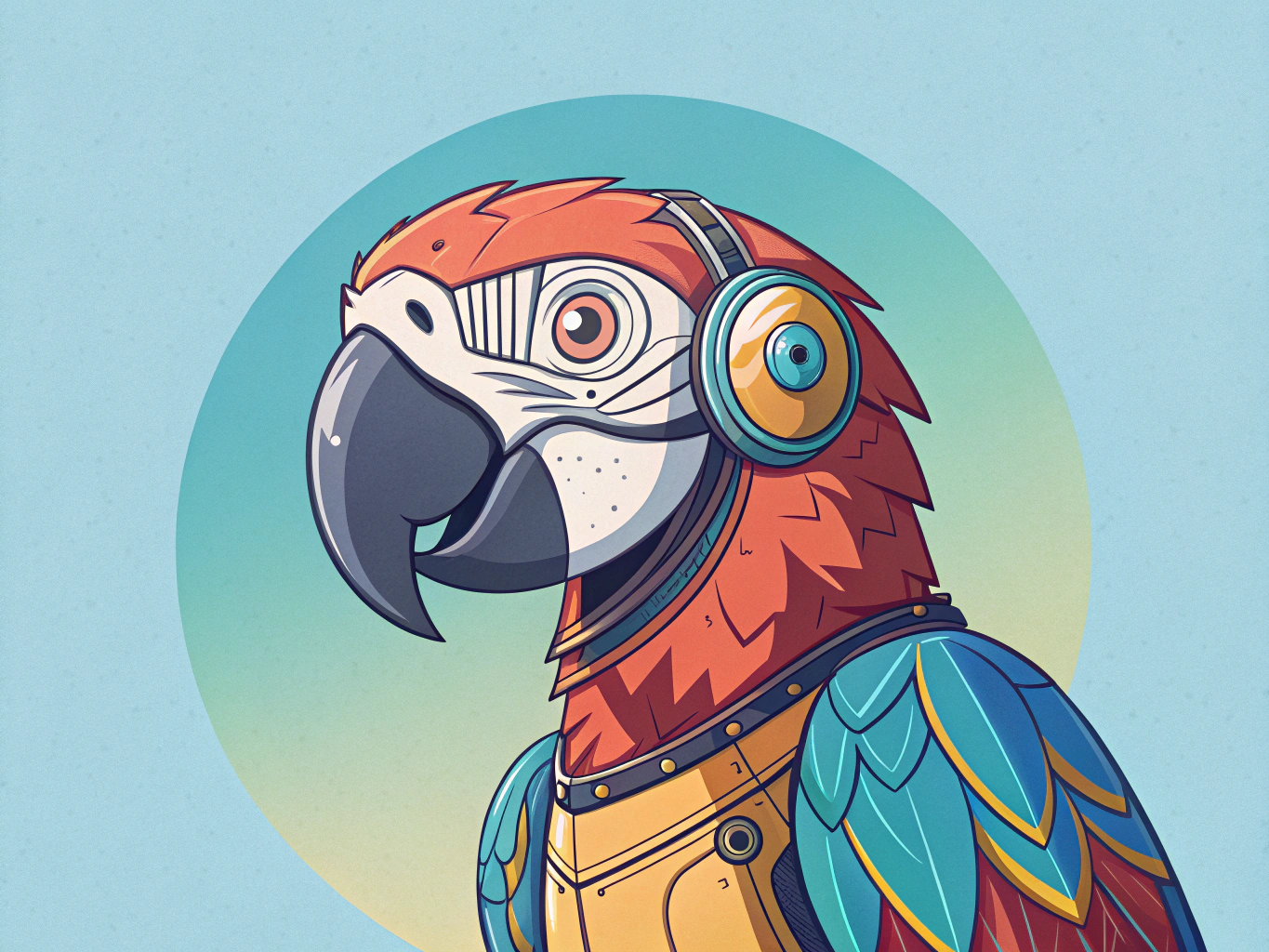 a futuristic friendly intelligent programmer colorful robotic parrot profile headshot with futuristic technology, simple soft textured gradient background 