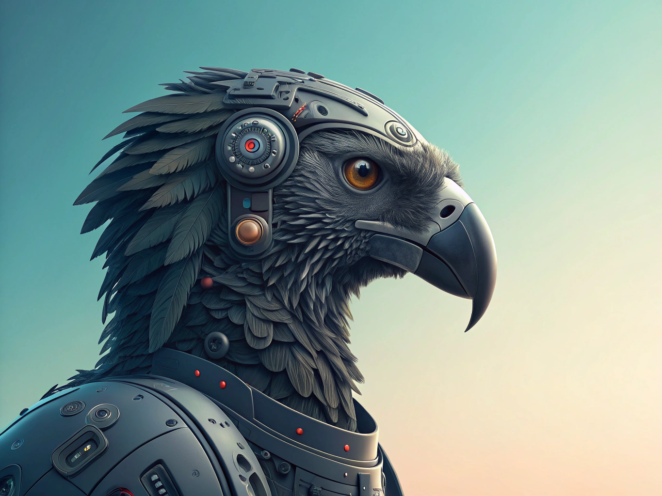 a futuristic intelligent programmer robotic parrot profile headshot with futuristic technology, simple soft textured gradient background 