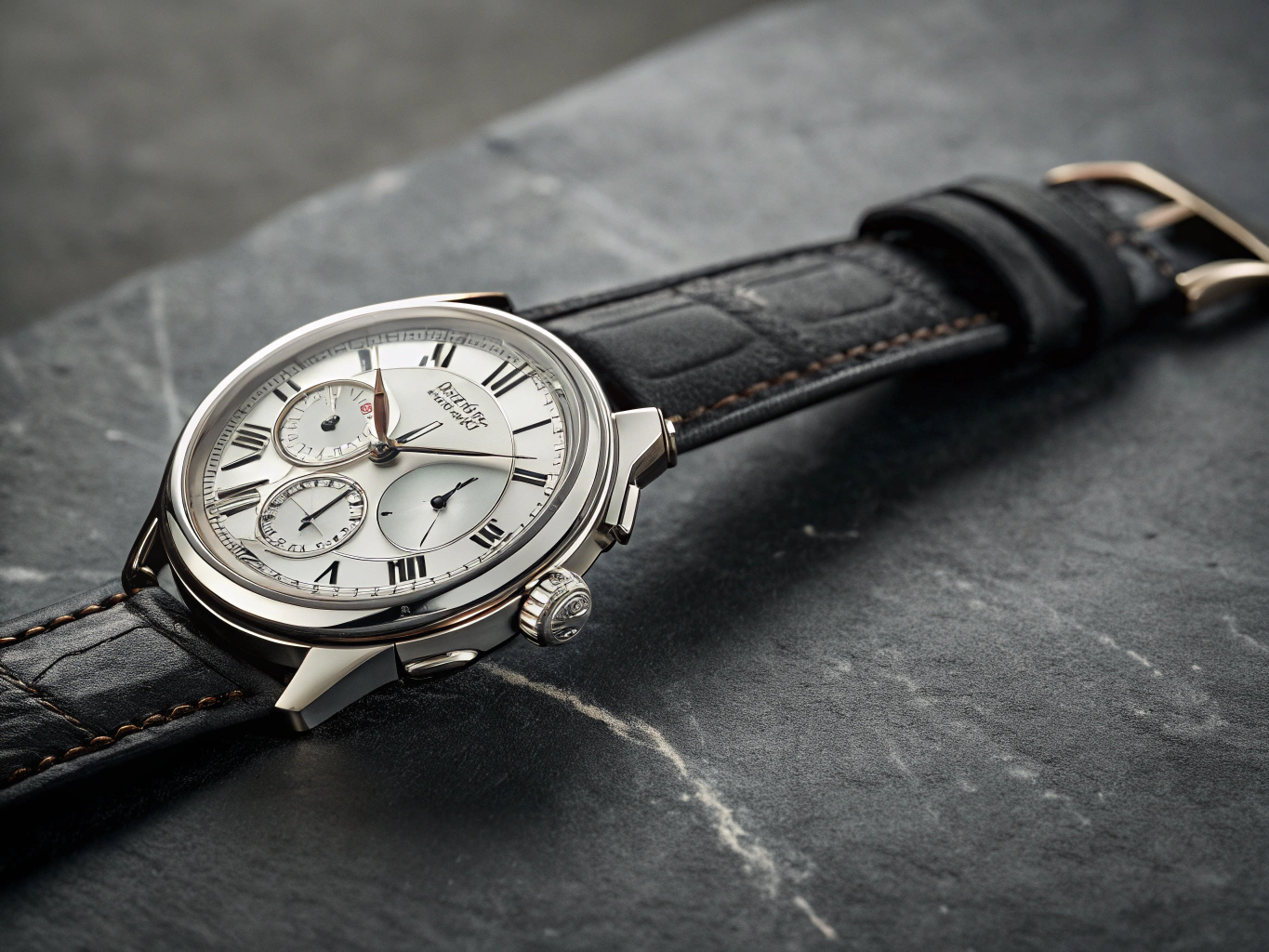 Professional product photograph of a Luxury Watch, Close up on a Dark Moody Concrete background, with beautiful studio lighting highlighting the Minimalist Design, commercial quality, studio photography, e-commerce ready