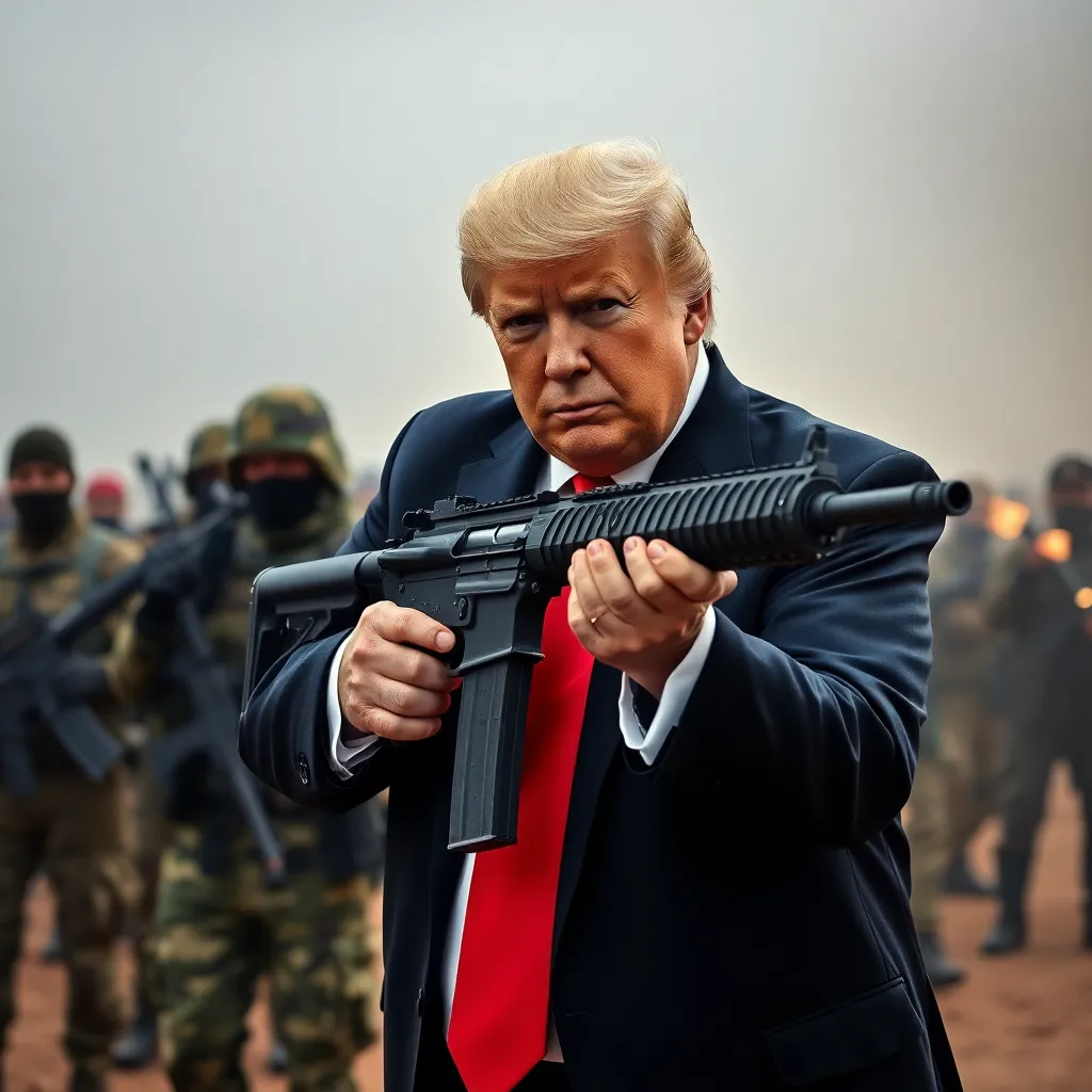 Donald Trump firing M4 machine gun along with USA Army on all Muslim Terrorists including Pakistan Prime Minister Shehebaaz Sheriff 