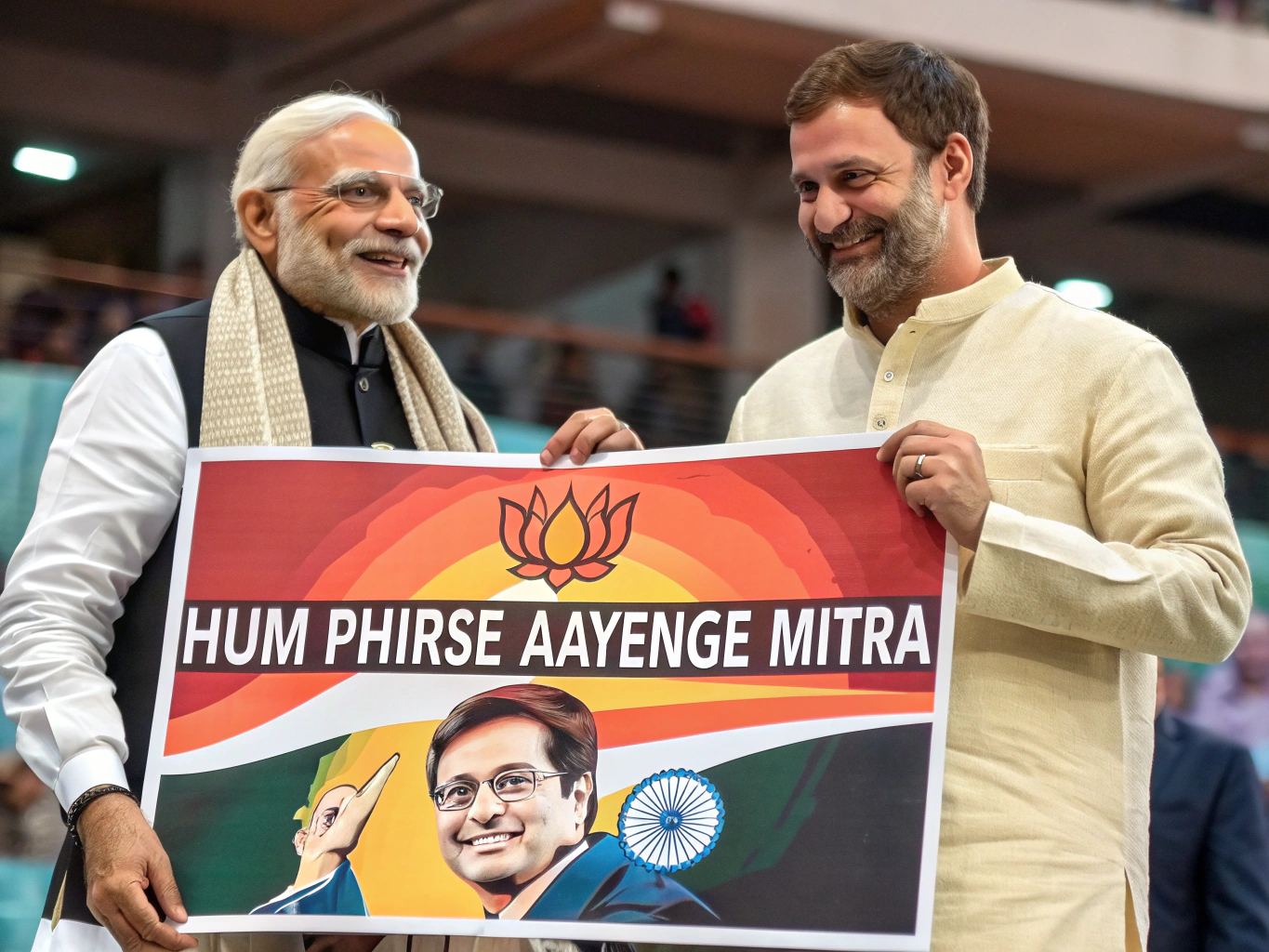 Narendra Modi and Rahul Gandhi hold a poster that says "HUM PHIRSE AAYENGE MITRA :)"
