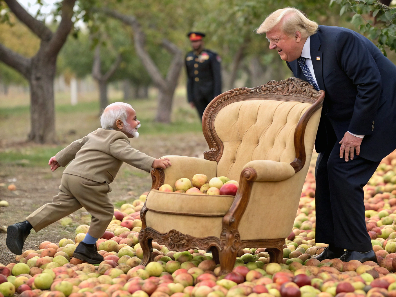 funny image of baby donald trump and baby General Syed Asim Munir Ahmed Shah in their uniform  tried to hide behind baby narendra modi chair  and running to steal appples in modi's farm. 


