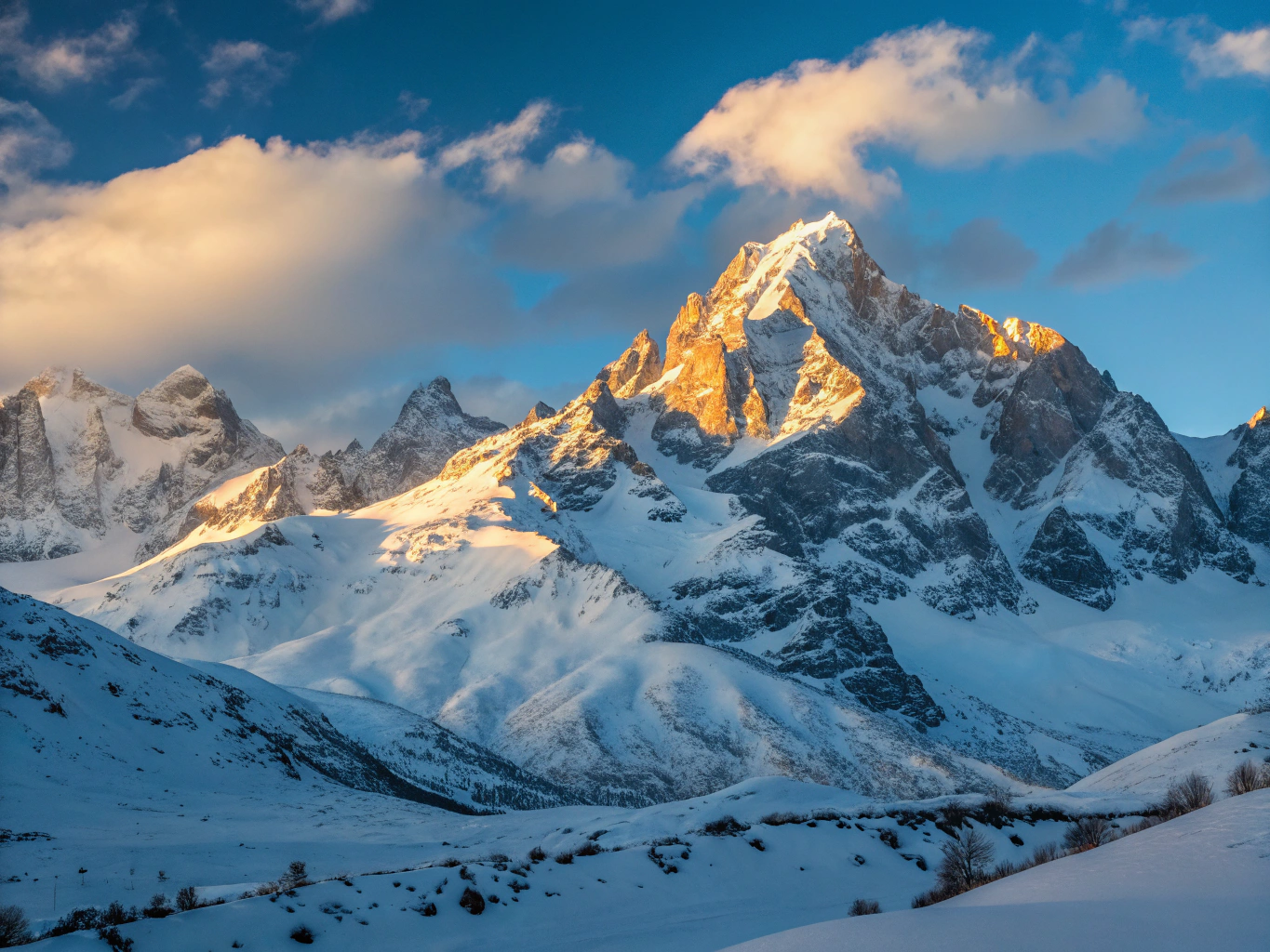 make a beautiful scenic view of mountain covered with snow and sun light comes from the background of mountains and blue clear sky beauty 