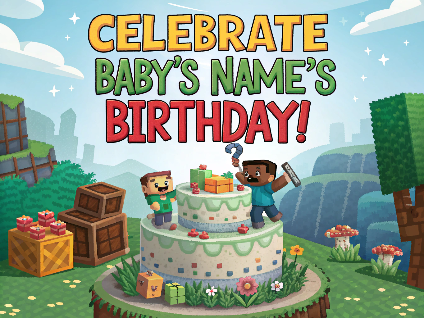 Create a cover poster like invitation for a baby birthday, theme Minecraft celebrate birthday cake , vibrant colorful theme and ratio 5 x 7Inches