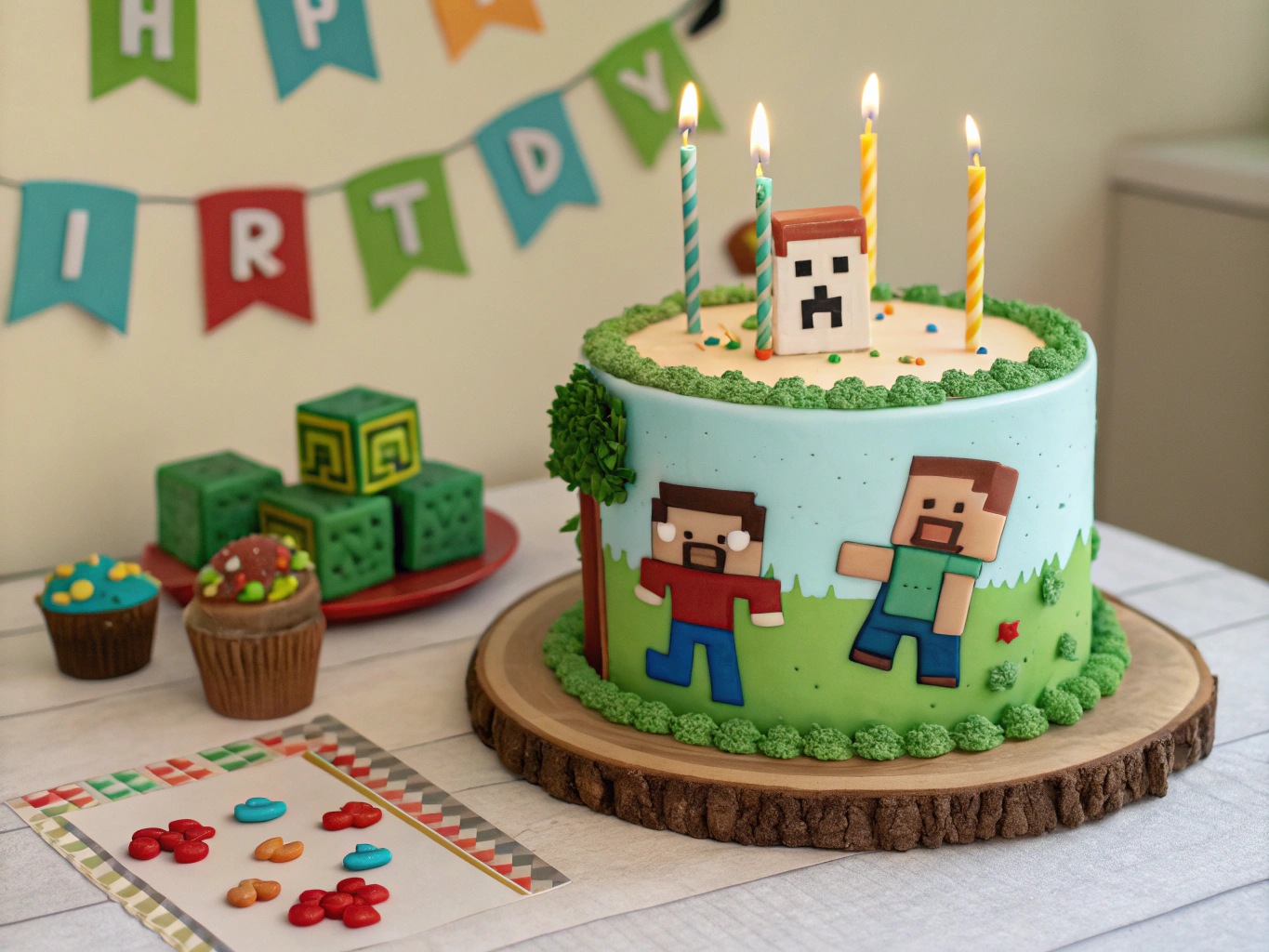 Create a birthday poster like invitation for a baby birthday, theme Minecraft celebrating a cake, the image should be more realistic and colorful