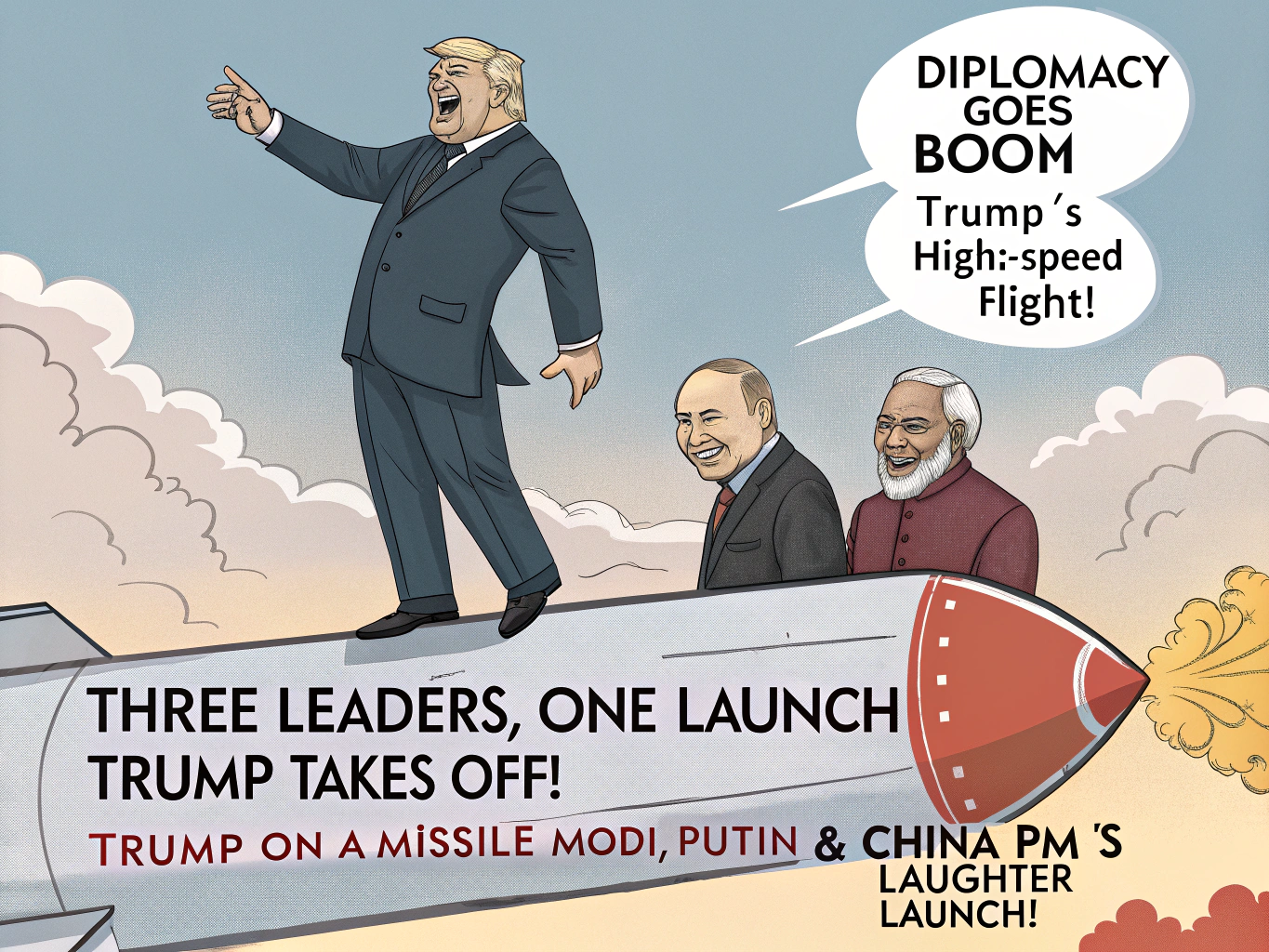 Trump on a Missile – Modi, Putin & China PM’s Laughter Launch!"
👉 "Three Leaders, One Launch – Trump Takes Off!"
👉 "Diplomacy Goes BOOM – Trump’s High-Speed Flight!"