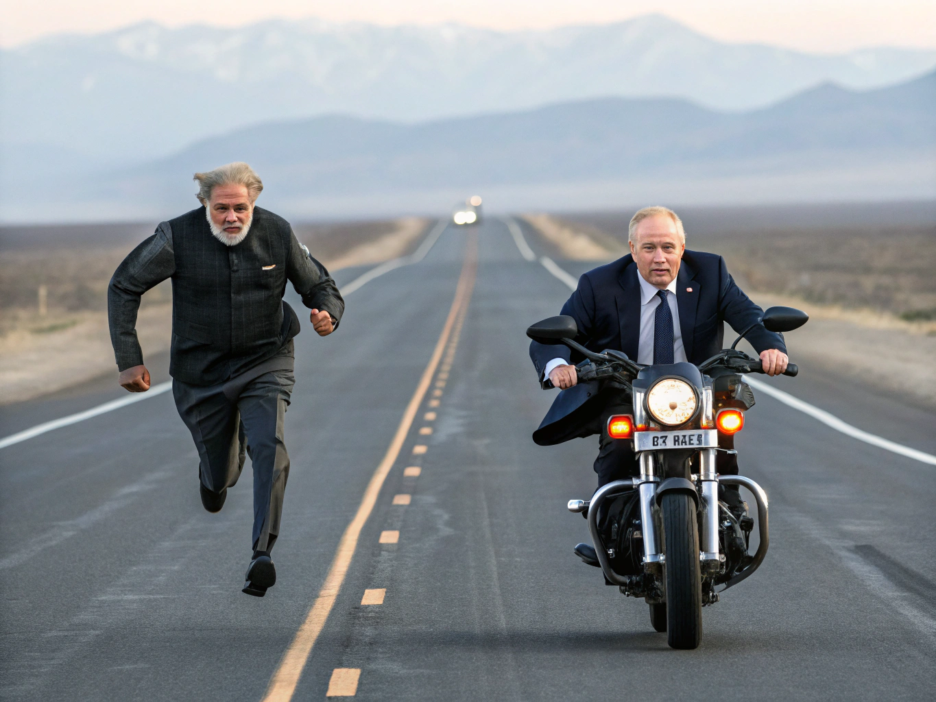 Narendra Modi & Vladimir Putin chasing donald trump in police bike while donald trump is running ahead in a highway with no traffic. 