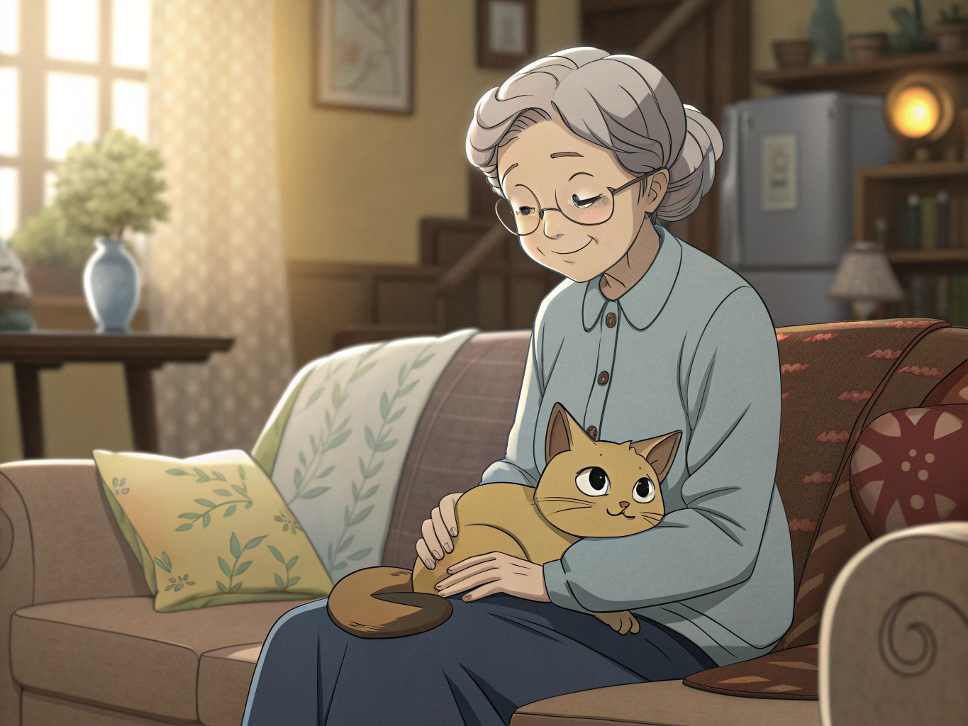 Une veille dame avec son chat, style animation