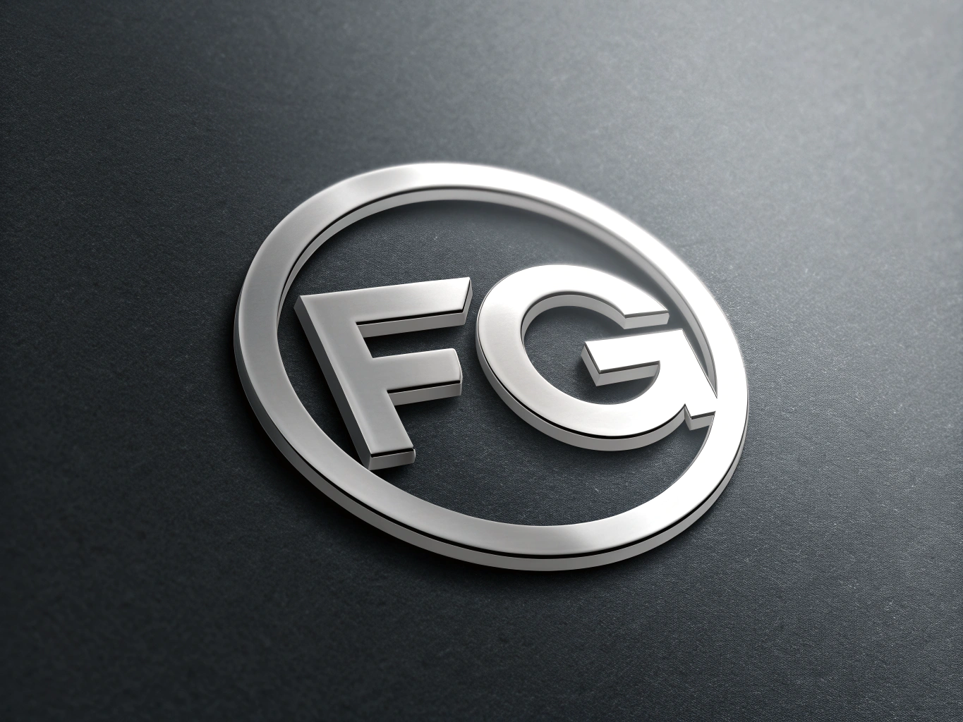 un logo 3D avec les lettres FG en métal argenté, style moderne, sur un fond anthracite