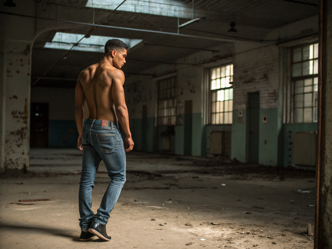 Un jeune homme musclé avec un jean baissé sur un string très fin, vue de dos, la scène se situe dans un hangar abandonné