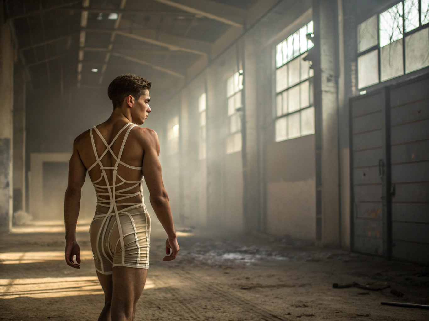 Un jeune homme musclé en string très fin, vue de dos, la scène se situe dans un hangar abandonné