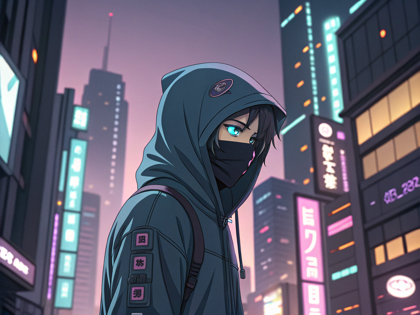 Detailed anime illustration of a Cyberpunk Ninja with  {EYE_COLOR} eyes, wearing a Casual Hoodie, in a {SETTING}, anime style, detailed rendering, soft lighting, vibrant colors