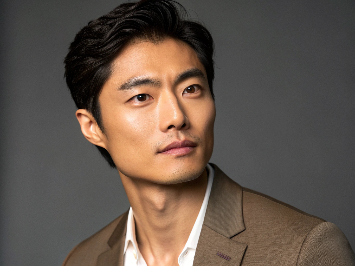 Professional headshot photograph of a person, studio lighting, sharp focus, high detail, flattering soft shadows, neutral background, suitable for LinkedIn profile🕴️ Nathaniel “Nate” Choi — Physical Detail
👀 Eyes
Dark brown, rich + bottomless, intense stare, Almond-shaped, slightly hooded with a lazy-lidded arrogance
🧴 Skin
Golden tan, kissed by L.A. sun from rooftop runs

💪 Body (he’s BUILT, capital B)
Broad, carved shoulders that fill a suit jacket like sculpture


Chest (pecs that stretch designer shirts to their limit, one button away from sin)


Tight, ridged abs that you could grade parmesan on


Deep V-line that disappears into tailored trousers like a dare


Long, powerful legs, thighs thick enough to ruin a chair if he wanted


💇 Hair
Jet-black, undercut fade, styled sharp with product (On-duty)
Short, tousled + slightly messy off-duty, hands-inviting (Off-duty)
🎤 Voice
Cold, clipped, and authoritative in meetings (panty-dropper when low and slow)


Deep, gravel-edged baritone that vibrates through a room


Measured, deliberate diction with the occasional sharp bite


Off-duty: huskier, looser, almost dangerous when he’s amused
👄 Lips
Full, plump + pouty, naturally tinted pink 
📏 Height (exact)


6’4”
[he's wearing a suit w/o a hoodie]