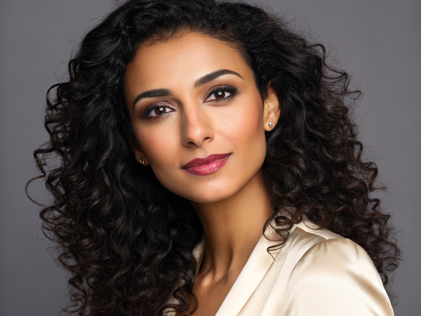 A professional headshot of a beautiful woman, appearing to be in her late 20s or early 30s, with a warm and engaging expression. She has medium-dark skin, long, dark curly hair, and expressive dark eyes with long lashes. Her features show a blend of Colombian and Middle Eastern heritage, with defined cheekbones and full lips. She wears a tastefully simple, elegant top in a neutral color like cream or soft gray, suggesting a corporate or professional setting. The lighting is soft and even, highlighting her face without harsh shadows, and there's a slight catchlight in her eyes. The background is blurred, out-of-focus, but suggests a modern, professional office environment with subtle warm tones. The image is framed as a medium close-up, focusing on her face and upper body.