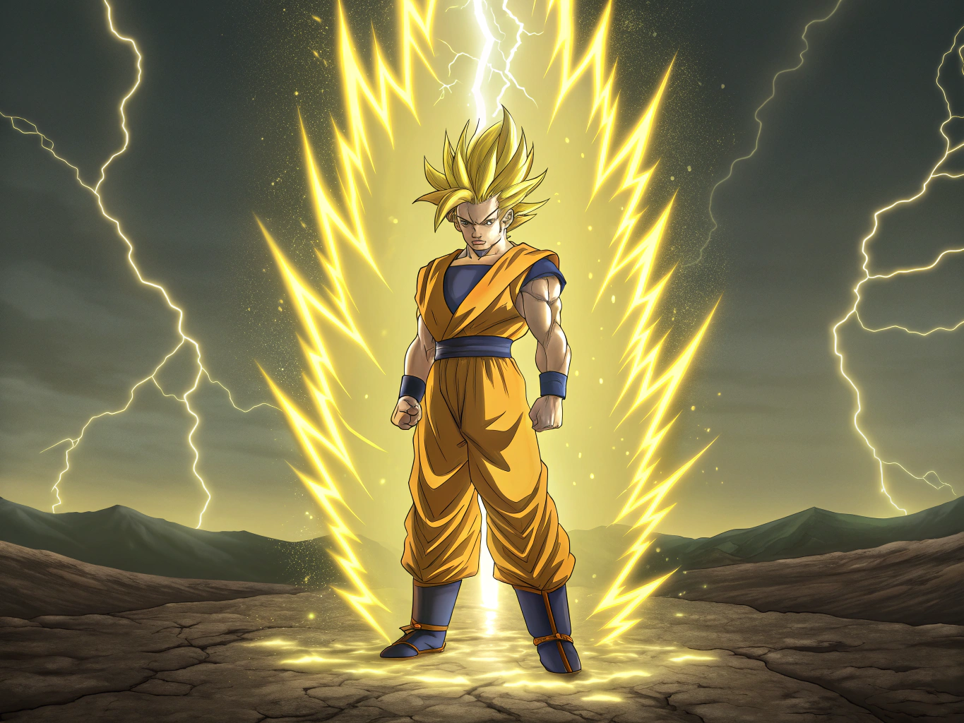 Goku transforming into Super Saiyan, glowing golden aura surrounding him, hair spiked up and glowing yellow, intense energy waves around him, cracked ground beneath his feet, lightning in the sky, cinematic lighting, anime illustration style, powerful and epic scene