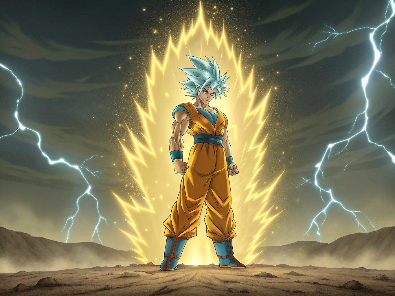 Goku transforming into Super Saiyan infinity, glowing golden aura surrounding him, hair spiked up and glowing blue, intense energy waves around him, cracked ground beneath his feet, lightning in the sky, cinematic lighting, anime illustration style, powerful and epic scene
