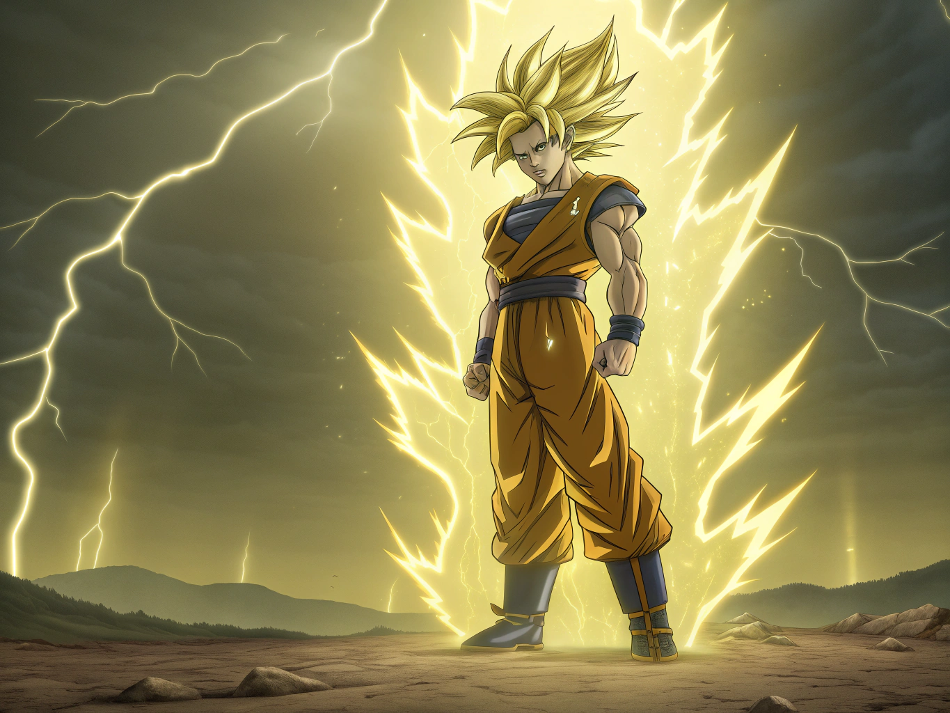 Goku transforming into Super Saiyan infinity, glowing golden aura surrounding him, hair spiked up and glowing gold, intense energy waves around him, cracked ground beneath his feet, lightning in the sky, cinematic lighting, anime illustration style, powerful and epic scene