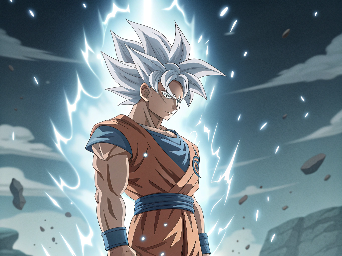 Goku in Ultra Instinct form, silver hair flowing with energy, calm yet intense expression, glowing silver aura, energy particles surrounding him, futuristic battleground with debris in the air, high-detail anime style, dynamic lighting, otherworldly atmosphere