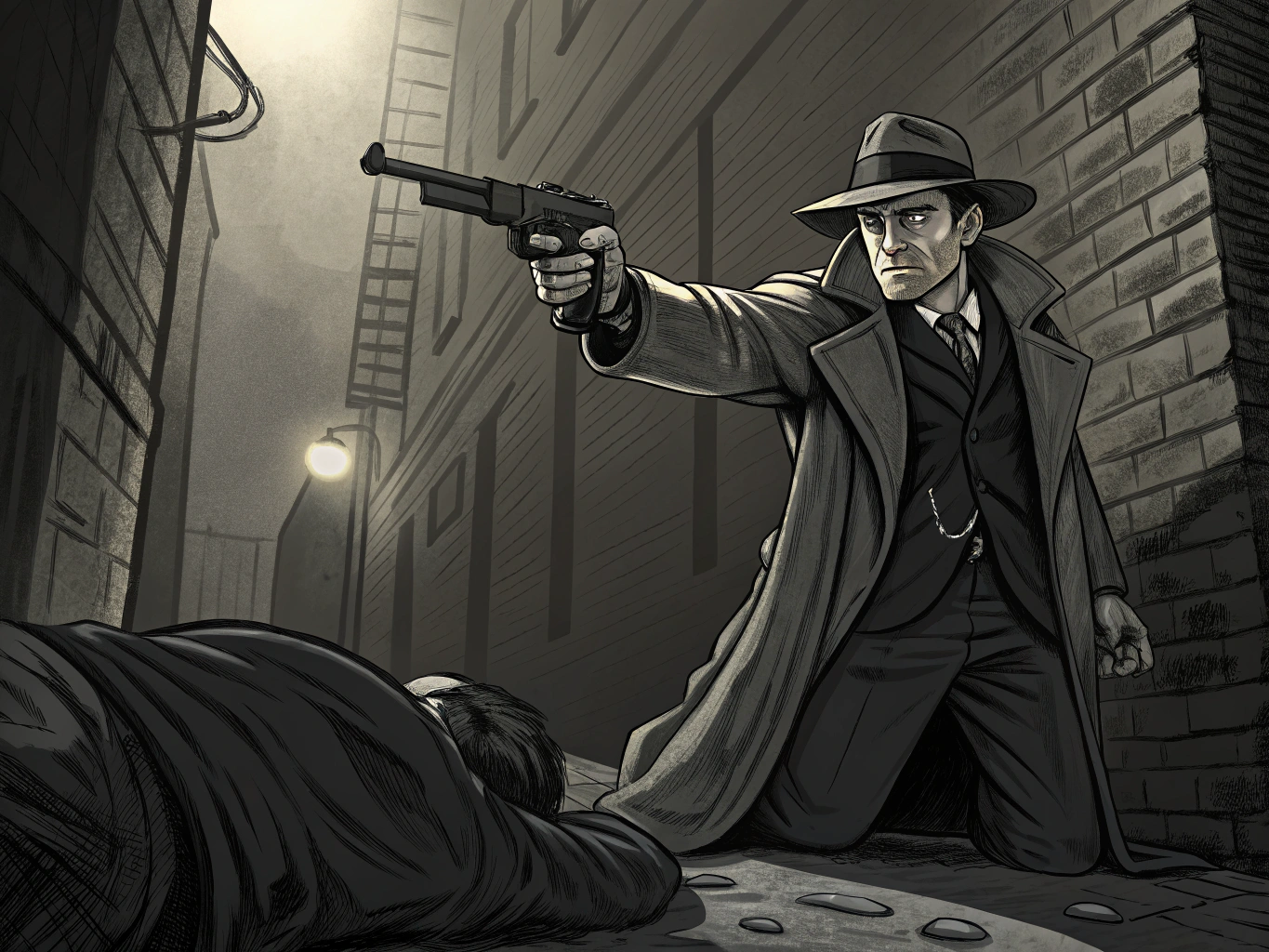 in the style of Gustav Dore, give me an image of a 1920's gangster with a thompson submachinegun pointed at the viewer from the perspective of the viewer laying on the ground looking up
