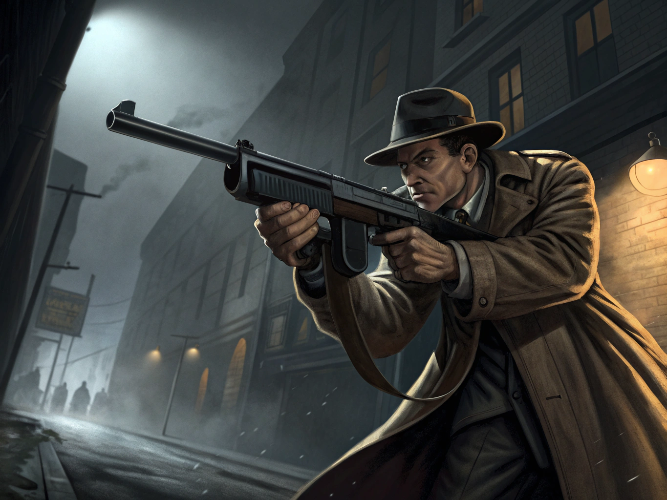 in the style of Gustav Dore, give me an image of a 1920's gangster with a thompson submachinegun pointed at the viewer from the perspective of the viewer laying on the ground looking up
