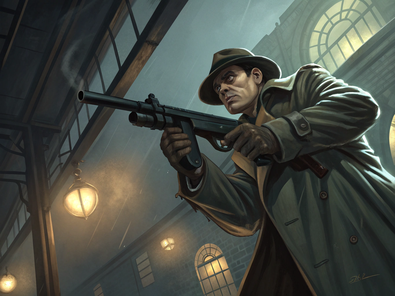 in the style of Gustav Dore, give me an image of a 1920's gangster with a thompson submachinegun pointed at the viewer from the perspective of the viewer laying on the ground looking up
