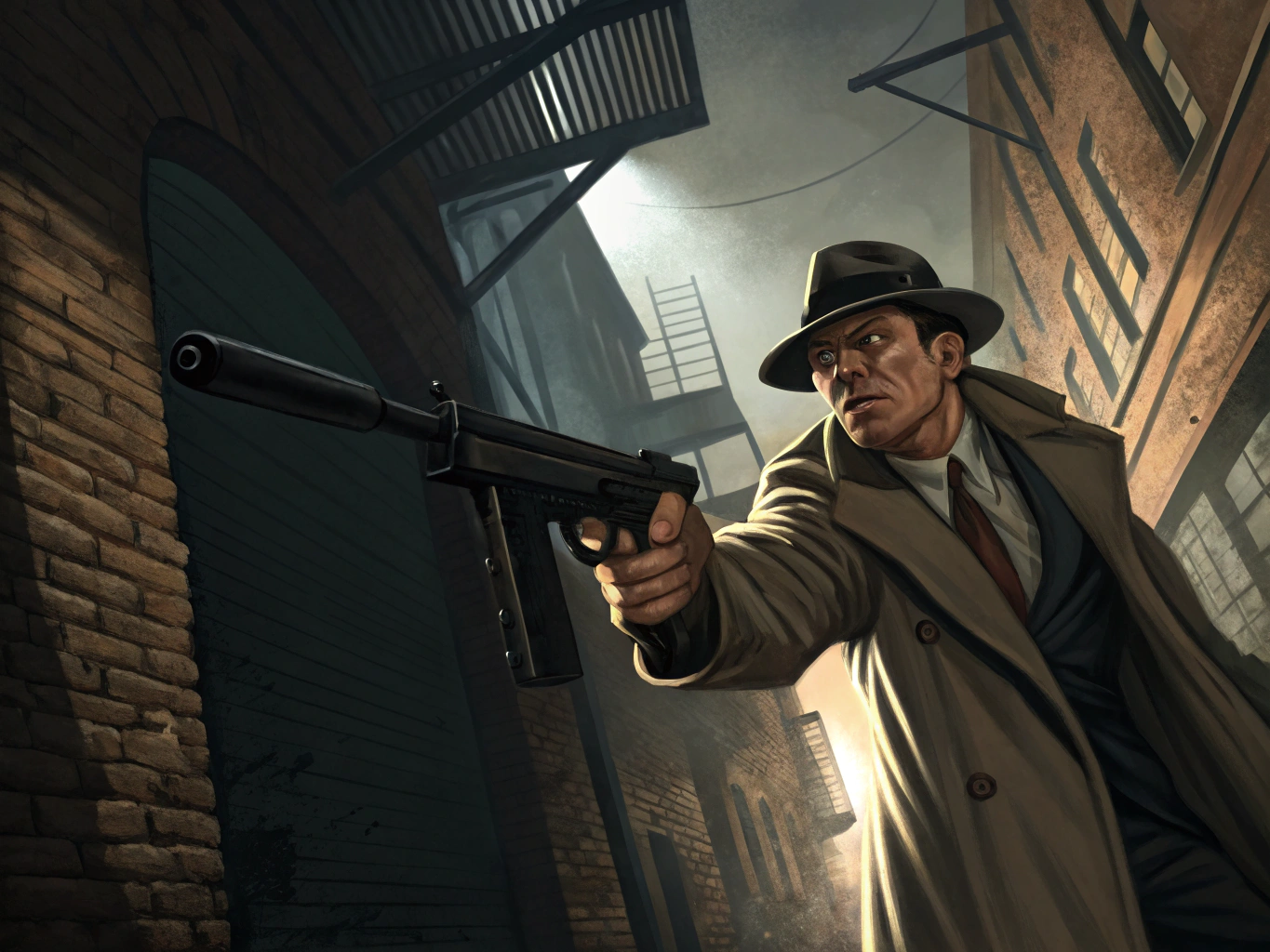 in the style of Gustav Dore, give me an image of a 1920's gangster with a thompson submachinegun pointed at the viewer from the perspective of the viewer laying on the ground looking up

