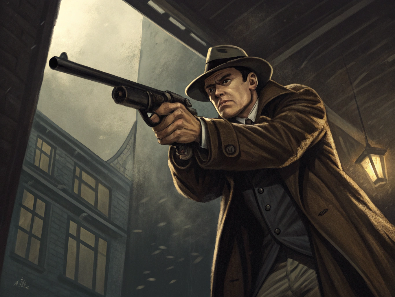 in the style of Gustav Dore, give me an image of a 1920's gangster with a thompson submachinegun pointed into the camera at the viewer from the perspective of the viewer laying on the ground looking up

