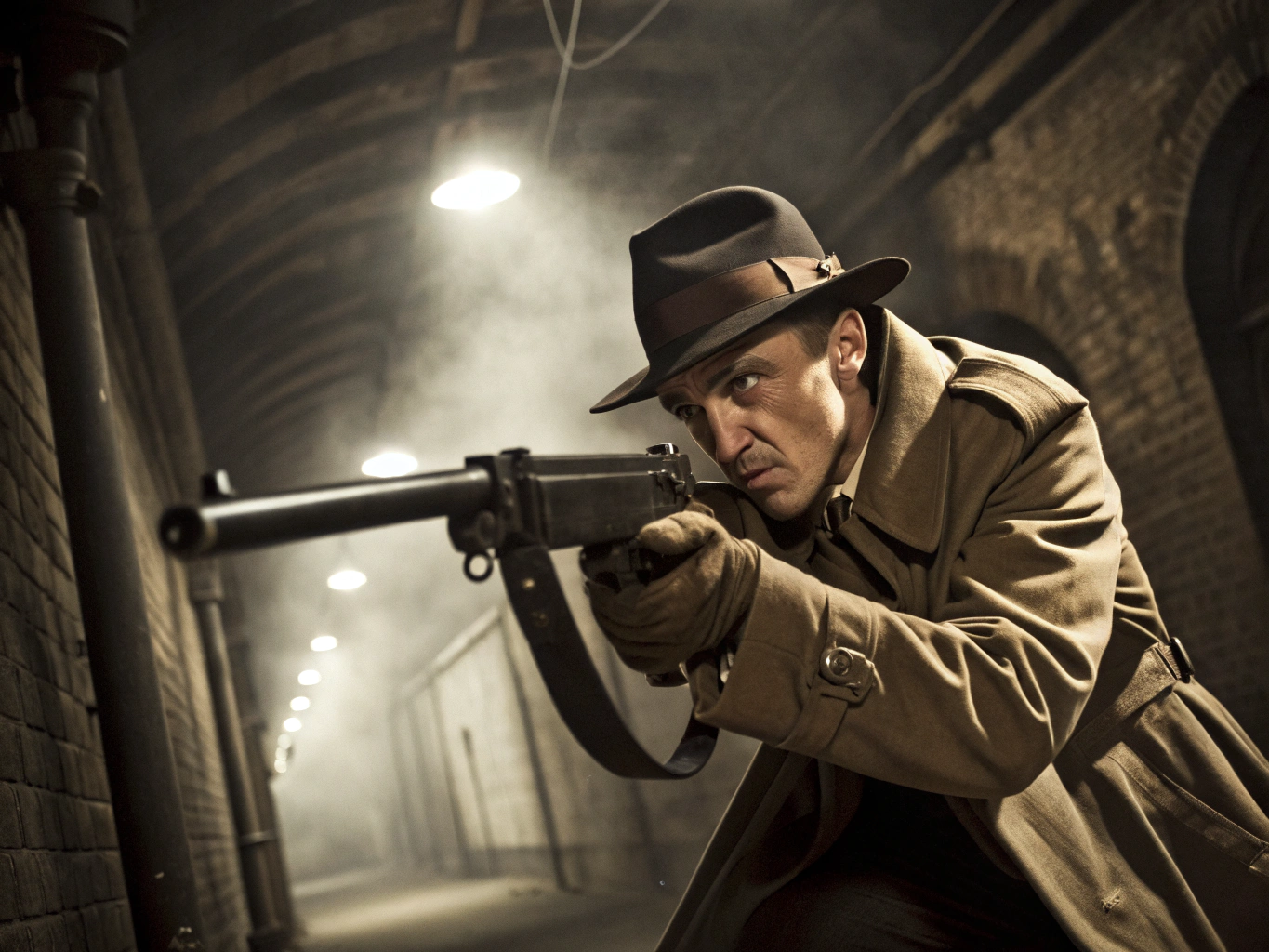 in the style of Gustav Dore, give me an image of a 1920's gangster with a thompson submachinegun barrel pointed straight into the camera at the viewer from the perspective of the viewer laying on the ground looking up

