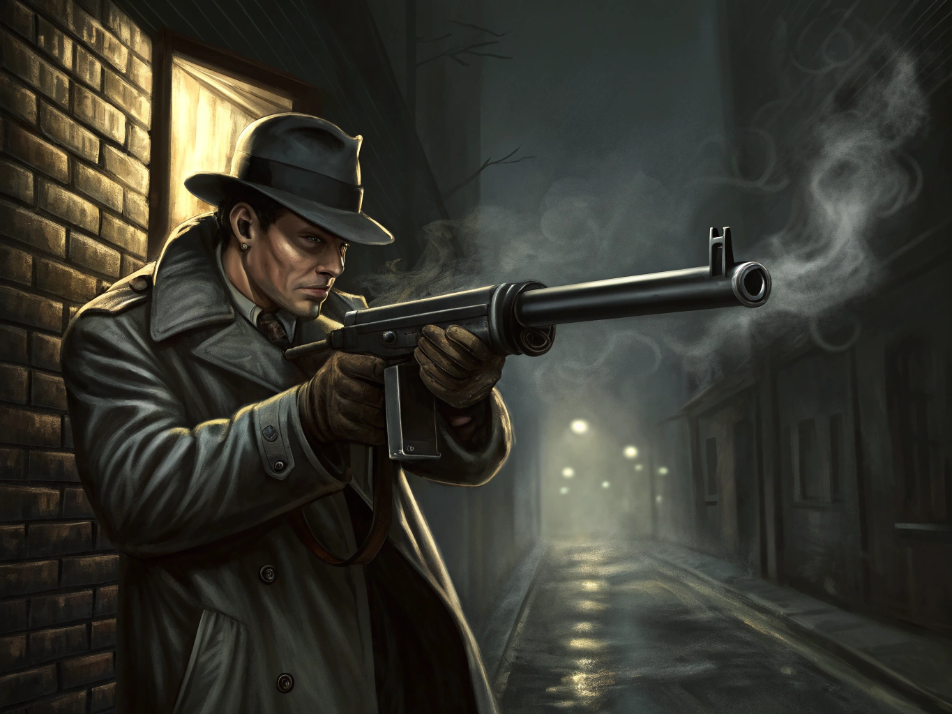 in the style of Gustav Dore, give me an image of a 1920's gangster with a thompson submachinegun barrel pointed straight at the viewer so the viewer can see down the barrel

