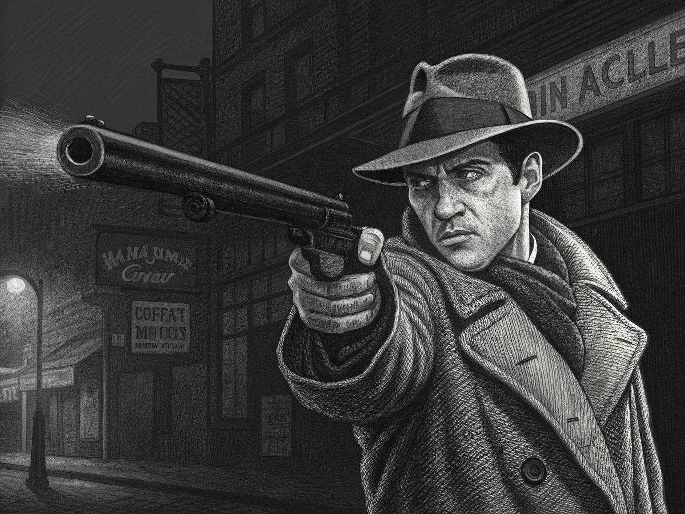 in the style of Gustav Dore with black and white crosshatching, give me an image of a 1920's gangster with a thompson submachinegun barrel pointed straight at the viewer so the viewer can see down the barrel

