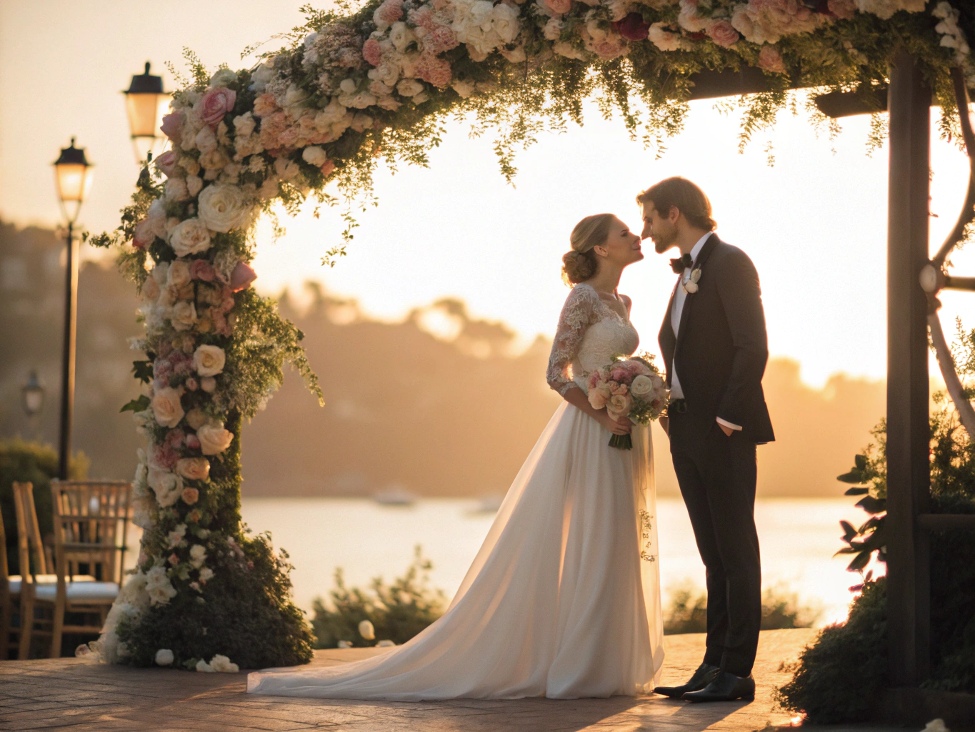 A beautiful wedding day scene of a loving couple standing together under a floral arch, the bride wearing a flowing white gown and holding a bouquet, the groom in a tailored black tuxedo, golden hour lighting, soft focus, elegant and cinematic style. create a picture with this prompt for this couple