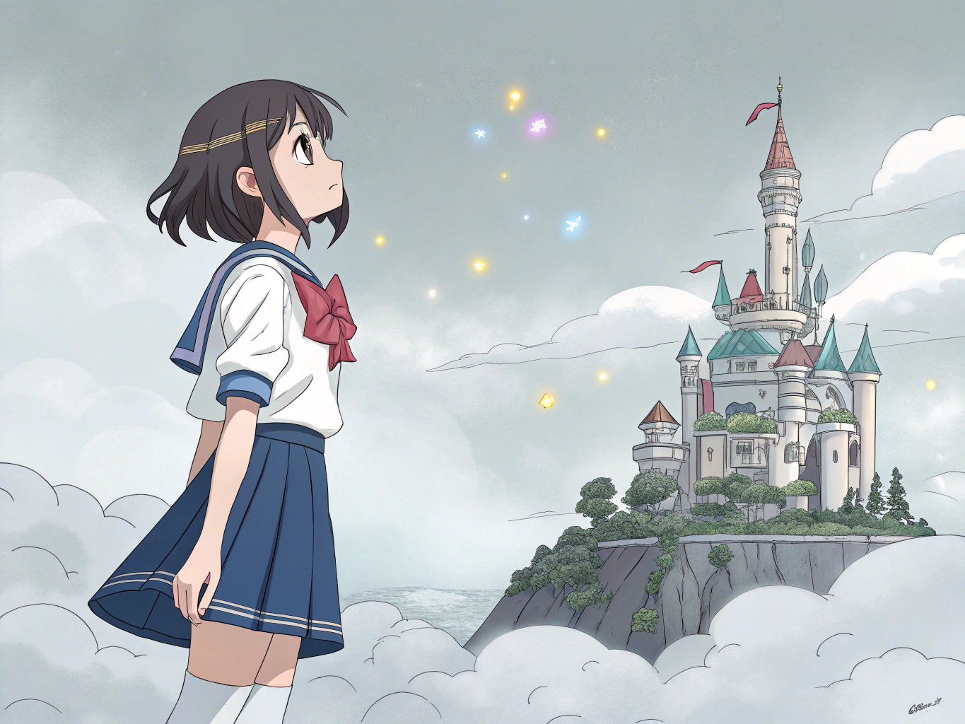 Detailed anime illustration of a School Girl with  {EYE_COLOR} eyes, wearing a School Uniform, in a Floating Sky Castle, anime style, detailed rendering, soft lighting, vibrant colors