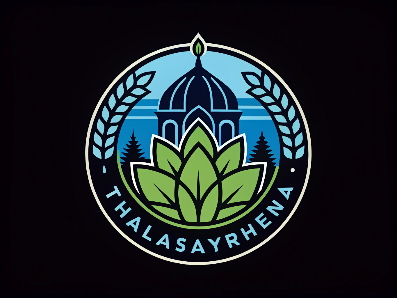 a digital logo for a {ThaliaSyrrhena, , {blue,mosssy green,} color scheme, clean lines, enterprise, works at small and big sizes, solid black background no text