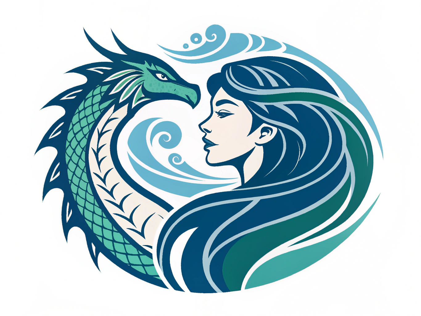A digital logo for a vtuber Thalia Syrrhena, her main colors are blue, mossy green, white, teal. The theme is sea serpent who transforms into a beautiful young woman. Keep the logo simple yet mysterious and magical. Make it unique 