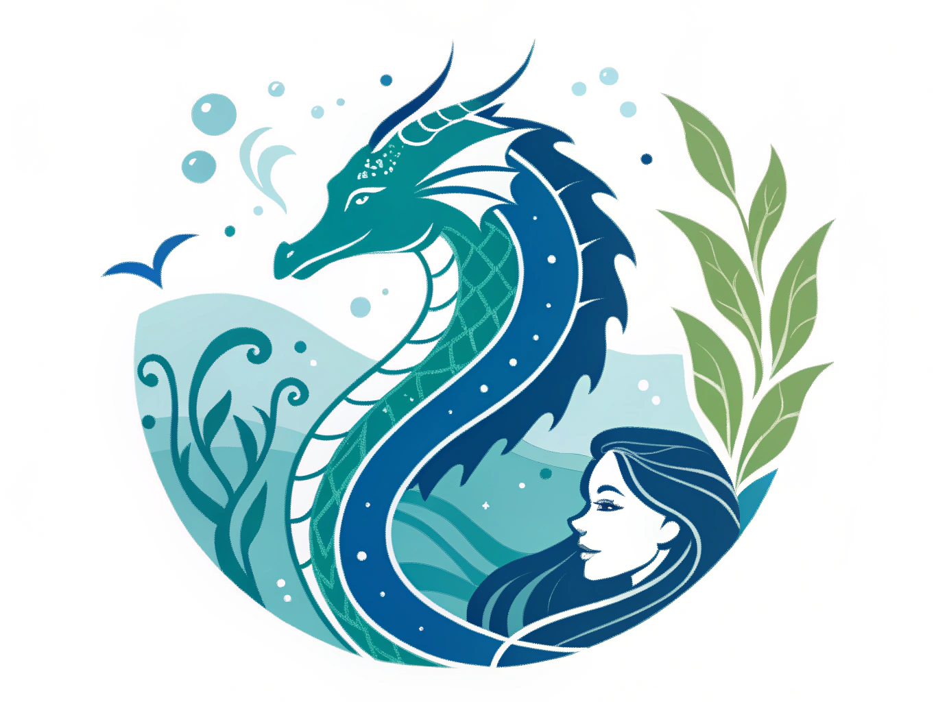 A digital logo for a vtuber Thalia Syrrhena, her main colors are blue, mossy green, white, teal. The theme is sea serpent who transforms into a beautiful young woman. Keep the logo simple yet mysterious and magical. Make it unique, the theme of the logo itself is underwater 