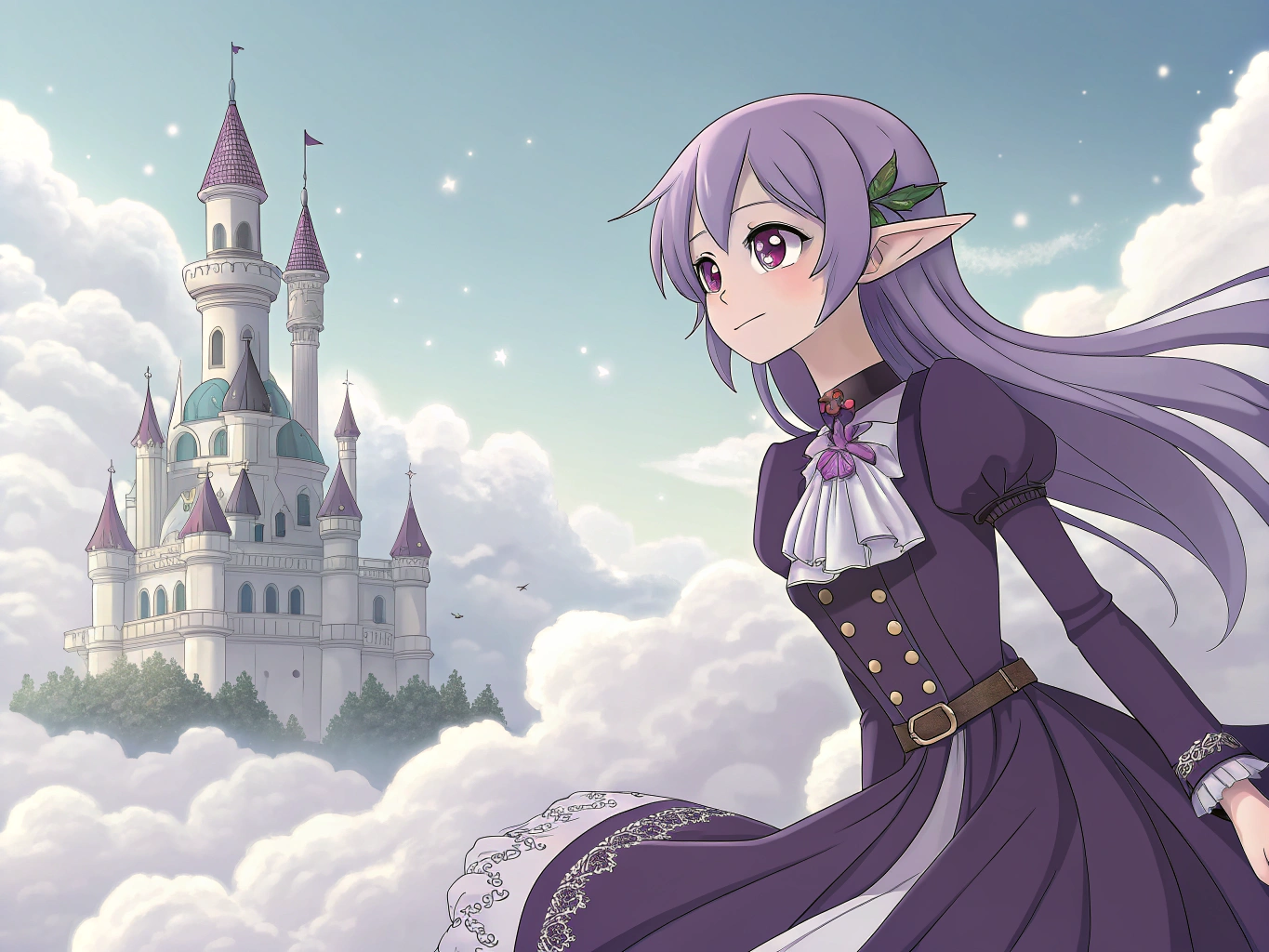 Detailed anime illustration of Fantasy Elf with  Purple eyes, wearing a Gothic Dress, in a Floating Sky Castle, anime style, detailed rendering, soft lighting, vibrant colors