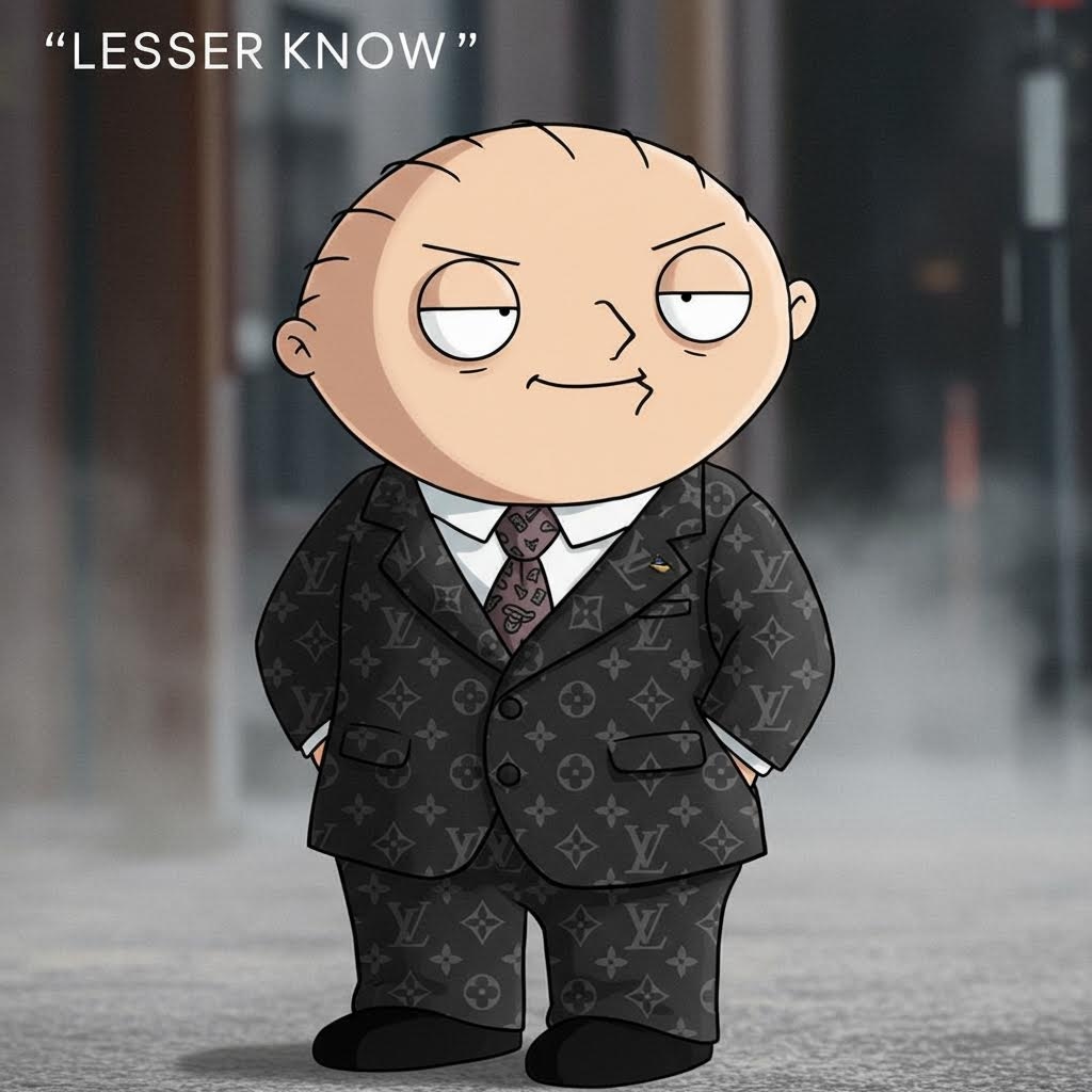 stewie griffin in Louis Vuitton with the words Lesser Known in the background

