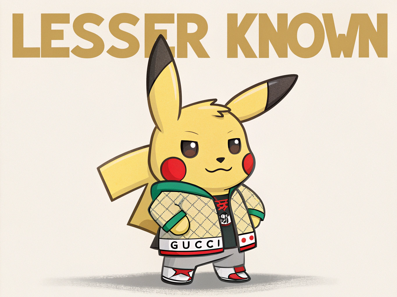 Pikachu wearing Gucci with the words Lesser Known in background
