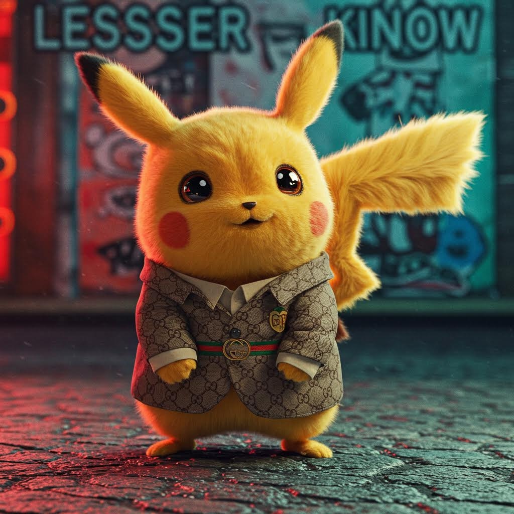 Pikachu wearing Gucci with the words Lesser Known in background
