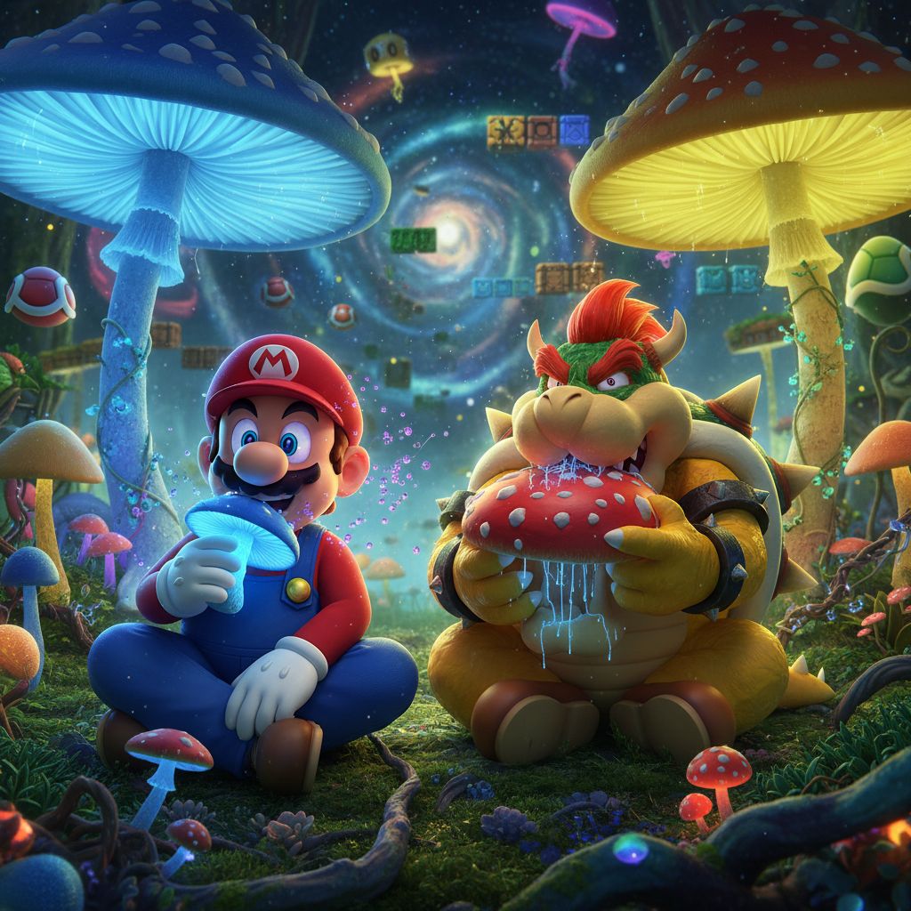 mario and bowser doing mushrooms
