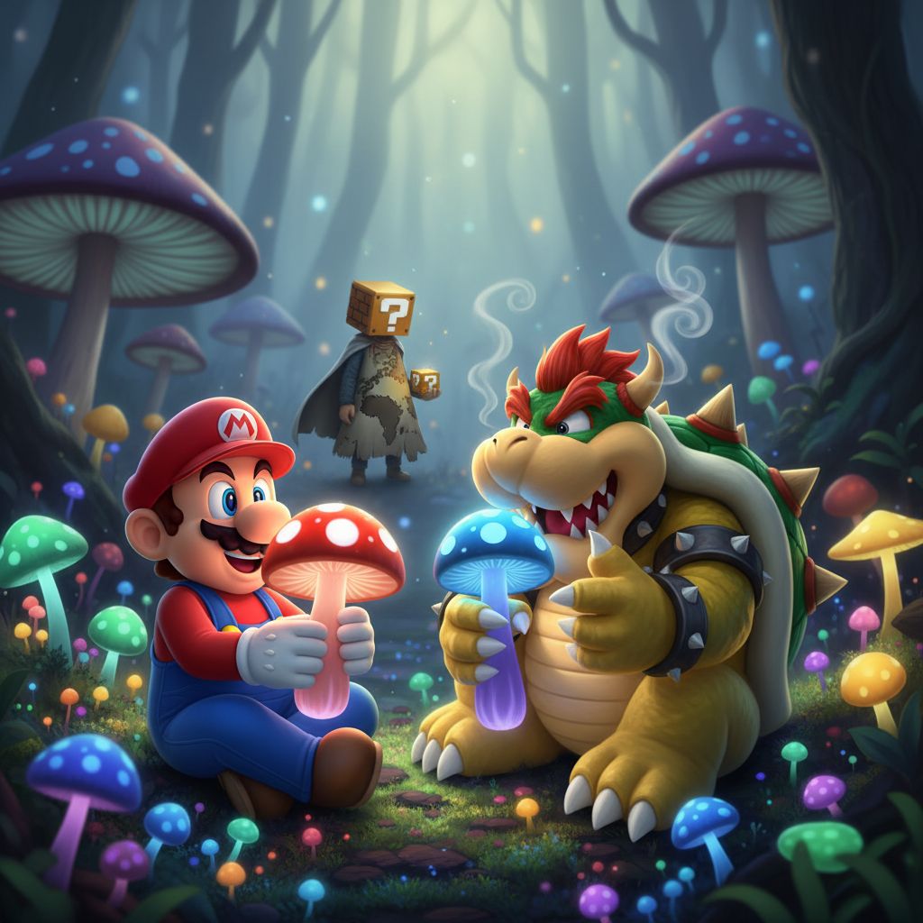 mario and bowser doing mushrooms. Lesser Known in the background
