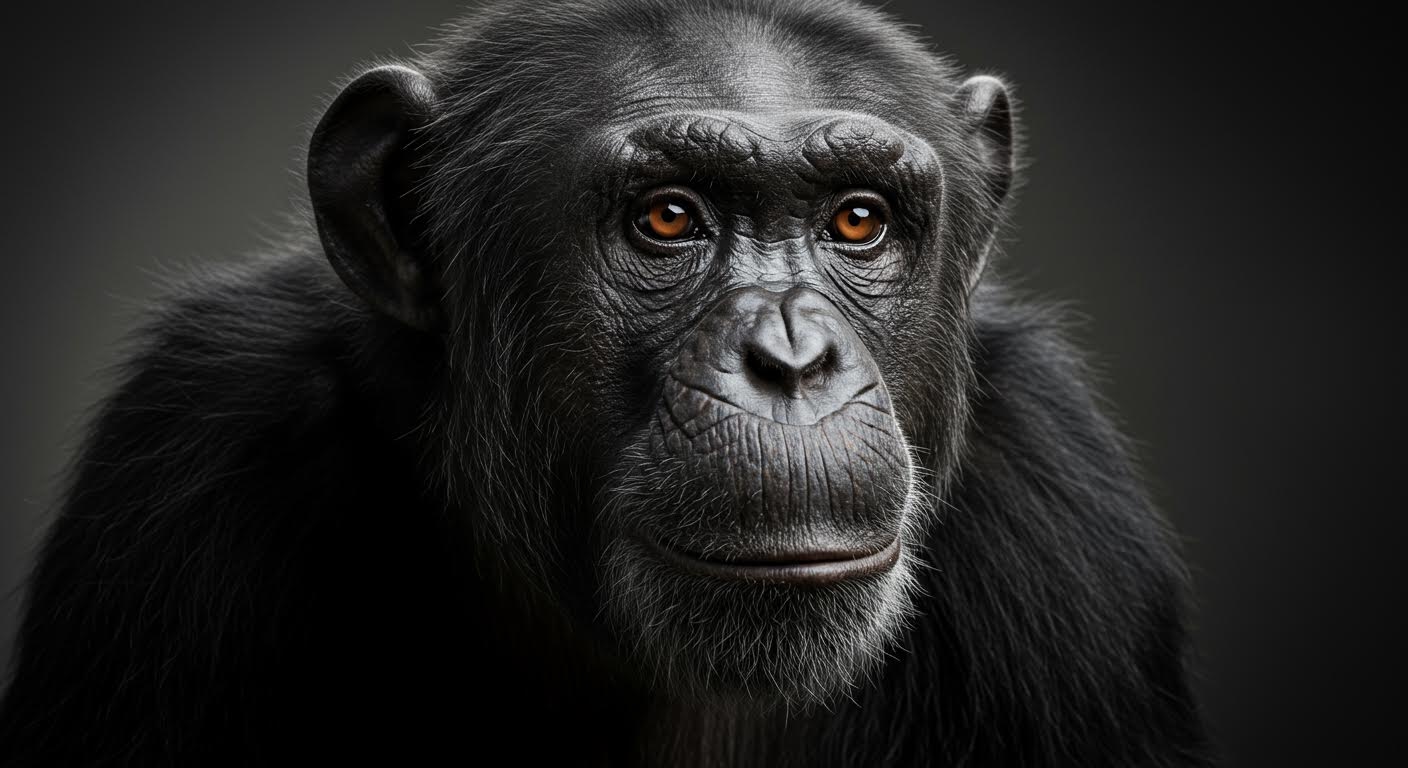 Photorealistic portrait of a chimpanzee with studio lighting. 
