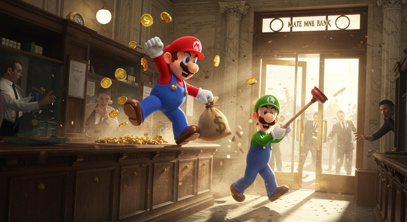 Mario and Luigi robbing a bank

