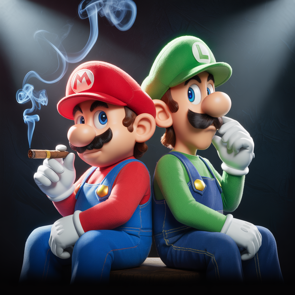 Photorealistic portrait with studio lighting of Mario and Luigi smoking backwoods