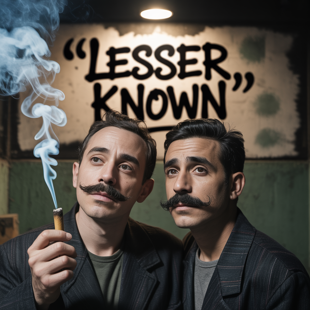 Photorealistic portrait with studio lighting of Mario and Luigi smoking backwoods with the words lesser known in the background 