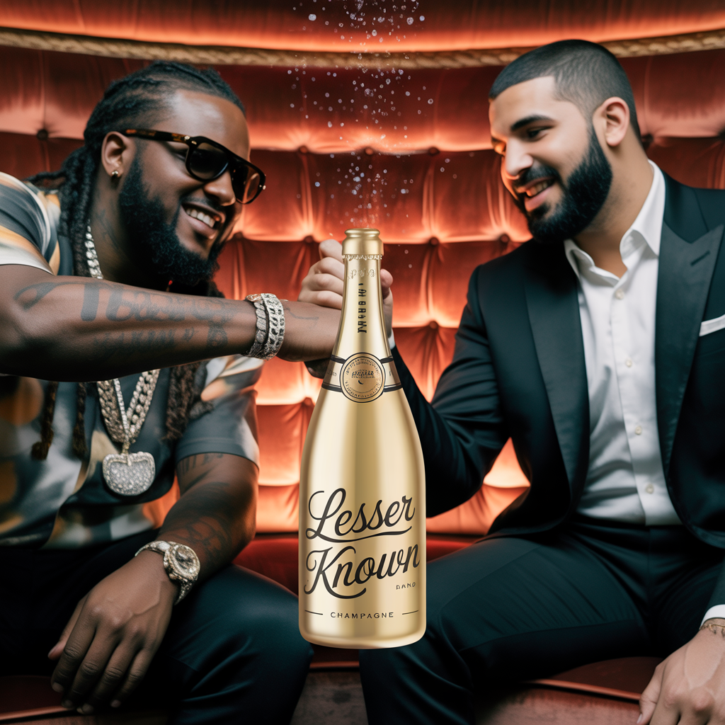 T Pain and Drake shaking hands holding a bottle of champagne that says Lesser known