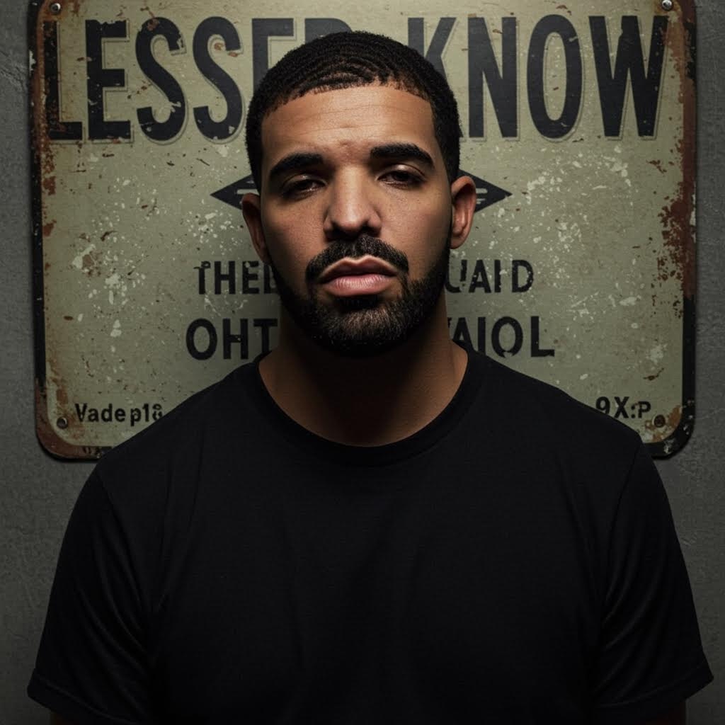 Drake looking extremely tired with the words Lesser Known on a sign.