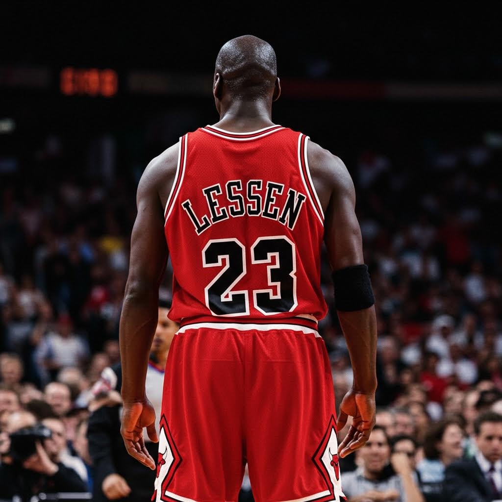 Michael Jordan with the words Lesser Known on jersey

